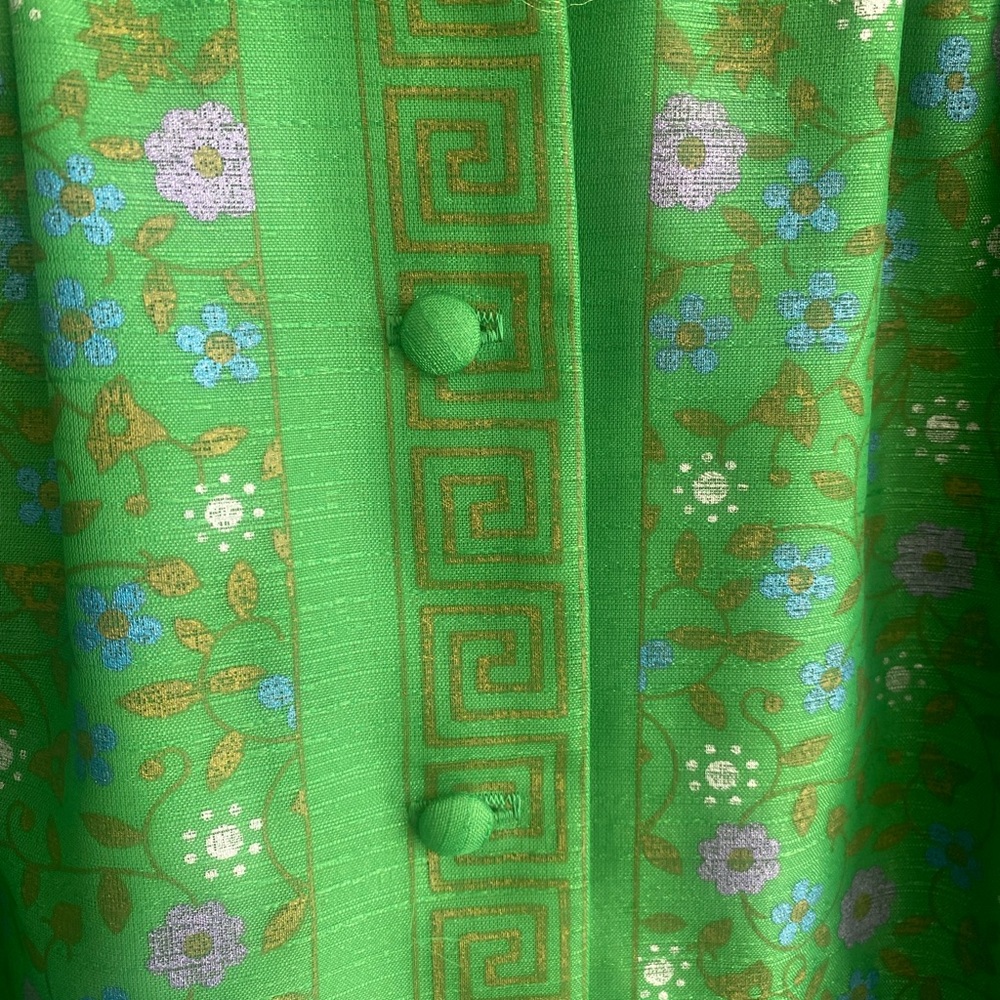 Vintage Green Dress With Floral Design And Gold Greek Key Detailing. Fairy Core. - Picture 5 of 12
